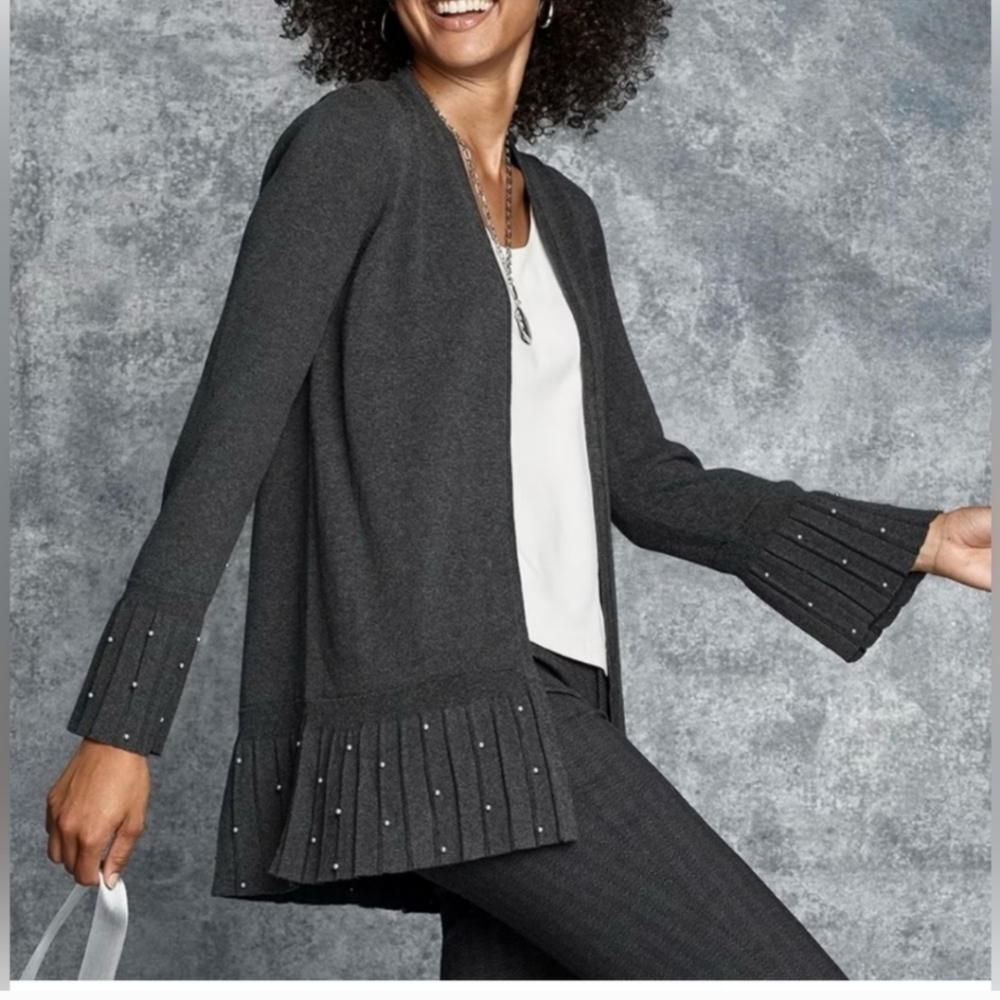 NEW. Chicos Gray Open Cardigan Duster Sweater w/ Faux Pearl Pleated Sleeves Sz 2